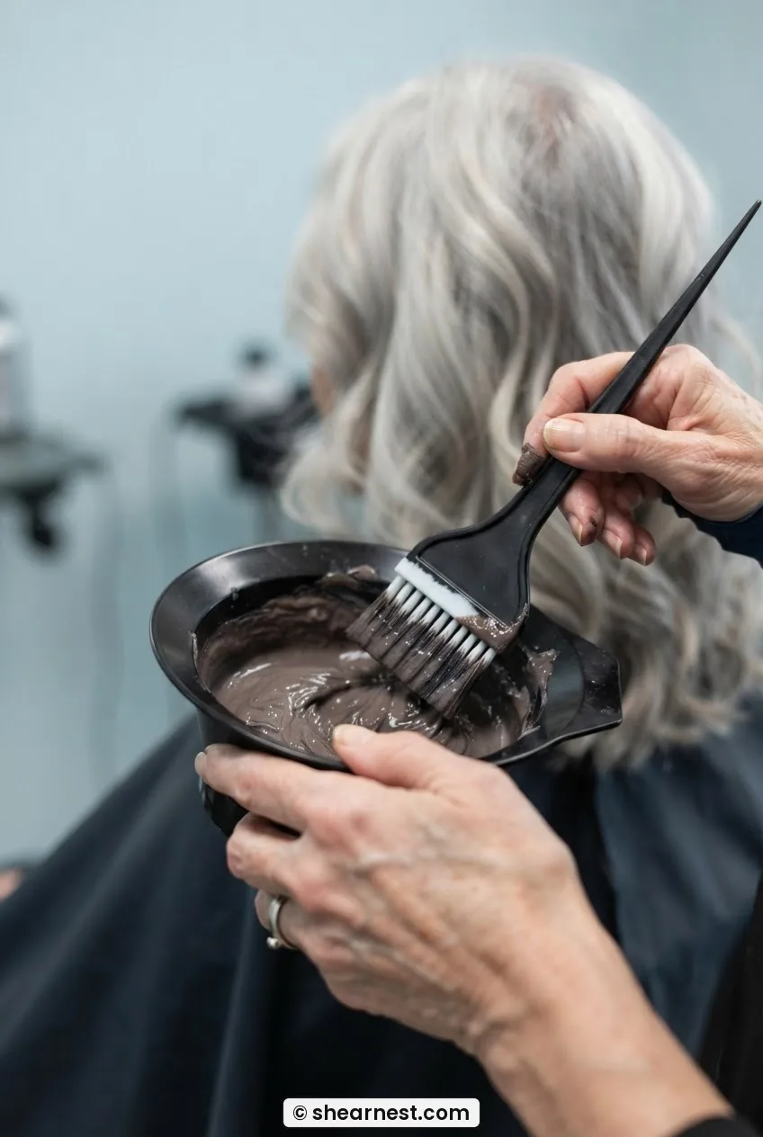 Close-up of gloved hands holding a mixing bowl with ash-brown demi-permanent colour and firm tint brush