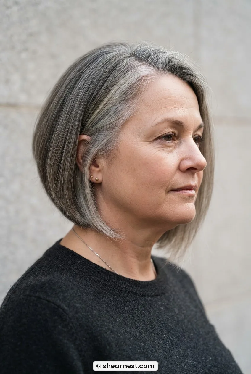 Woman over 50 with round face and asymmetric bob longer side below chin shorter side at jaw