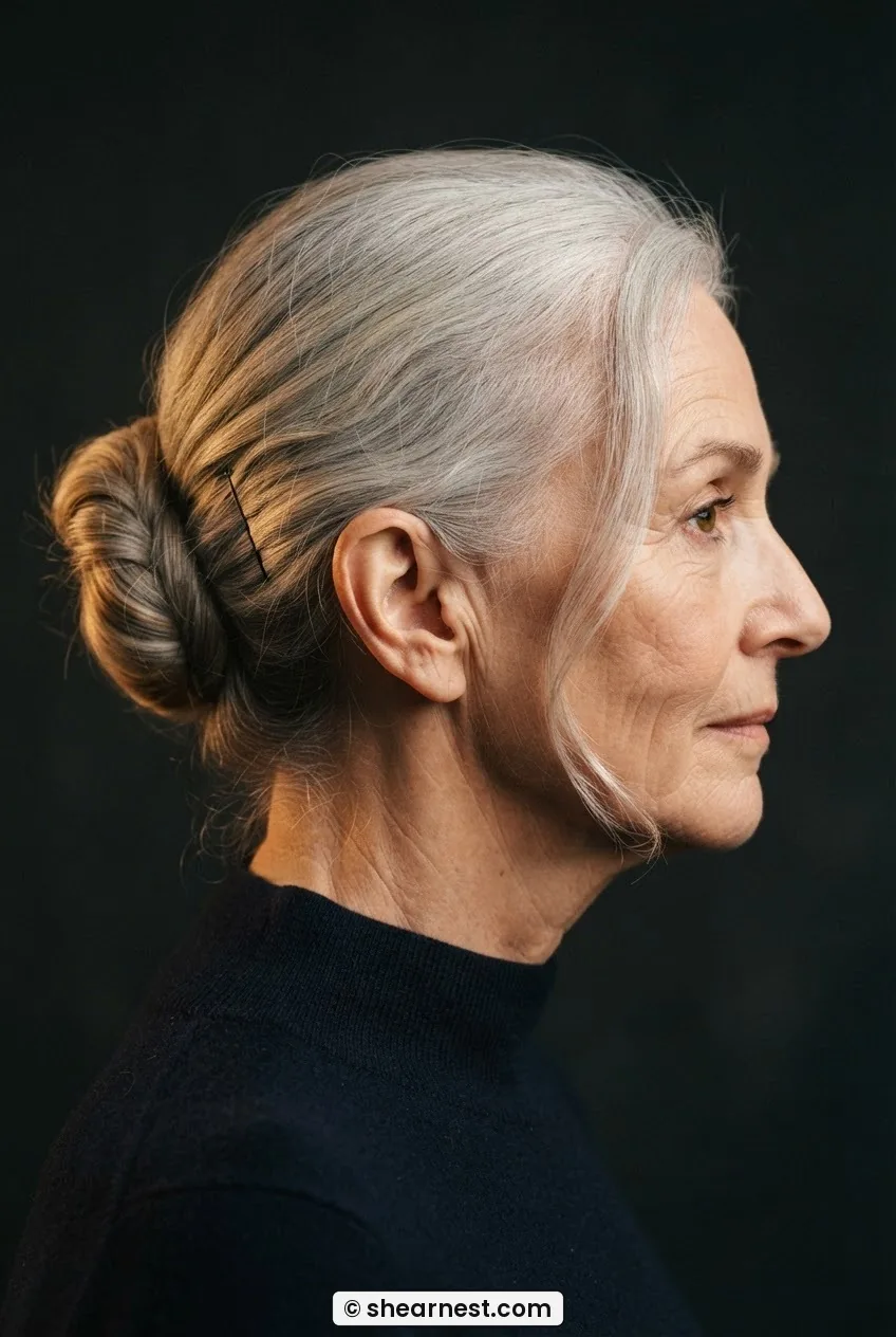 Side profile of older woman with grey-white hair in an asymmetric low chignon shifted to one side with a soft wisp at the temple