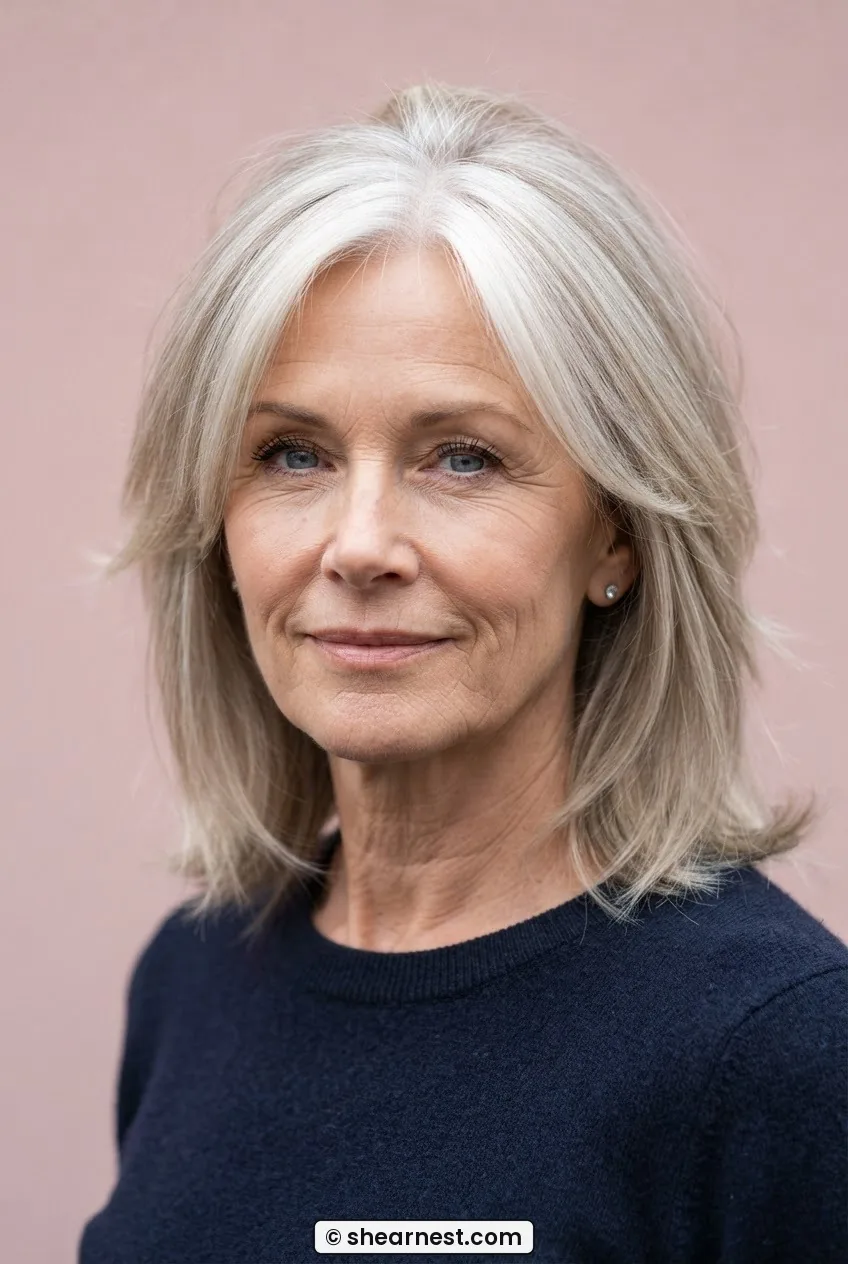 Woman with fine shoulder-length hair showing dense babylights through the crown creating a bright ash-blonde halo in soft pink studio