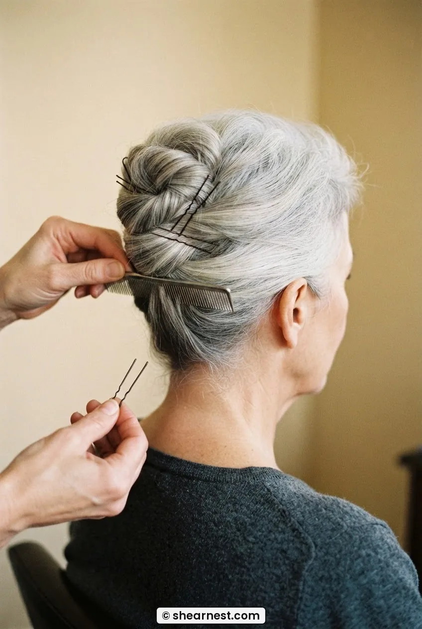 Rear view of 61-year-old woman with silver hair being anchored at nape with U-pins while crown gathers into shape