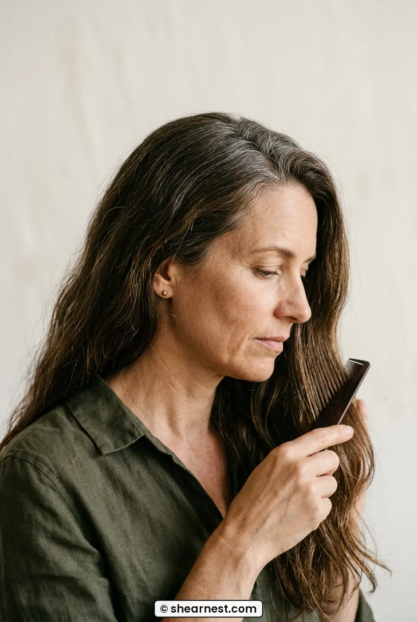 Woman combing smooth the loose lower back panel of her long brown hair using a fine-tooth tail comb