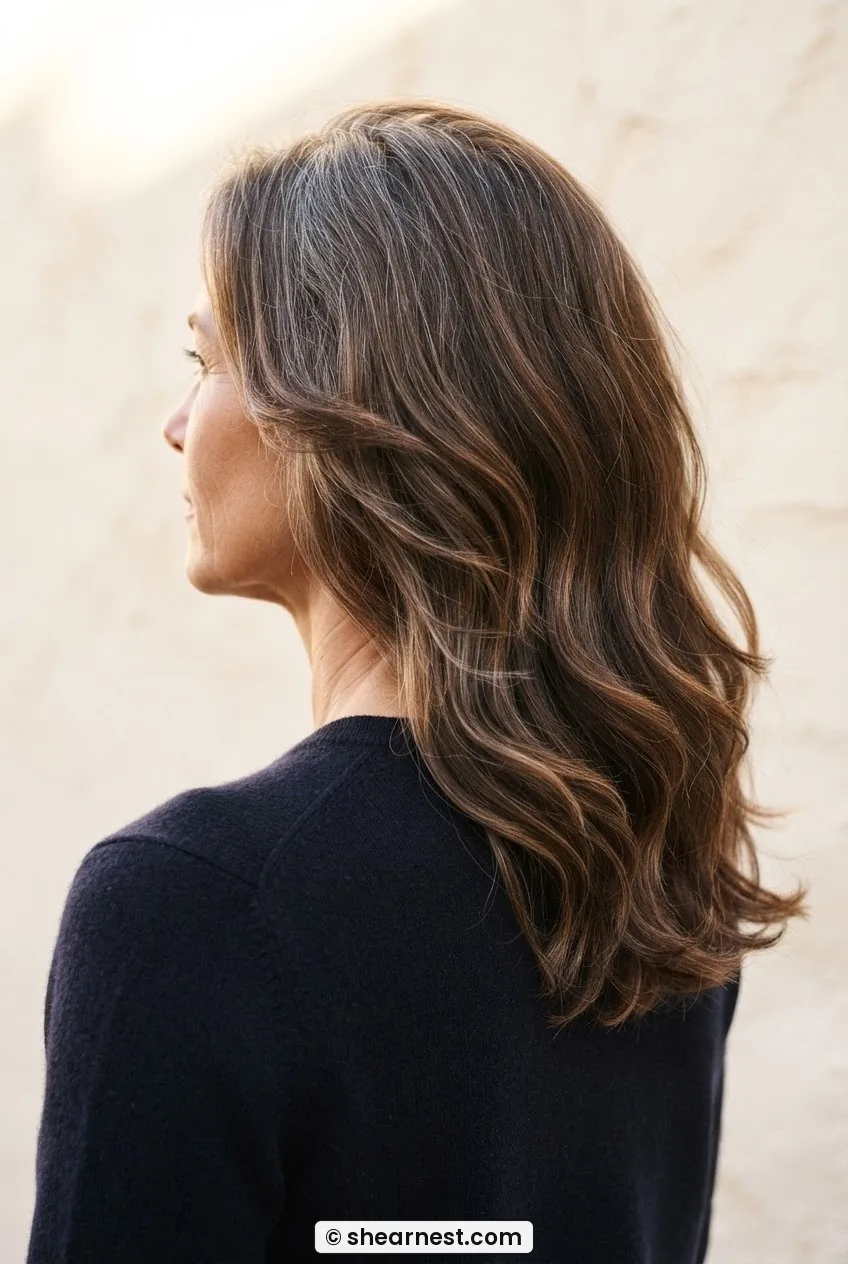 Three-quarter back view of a woman with long layered brown hair backlit to show soft layer movement and perimeter shape