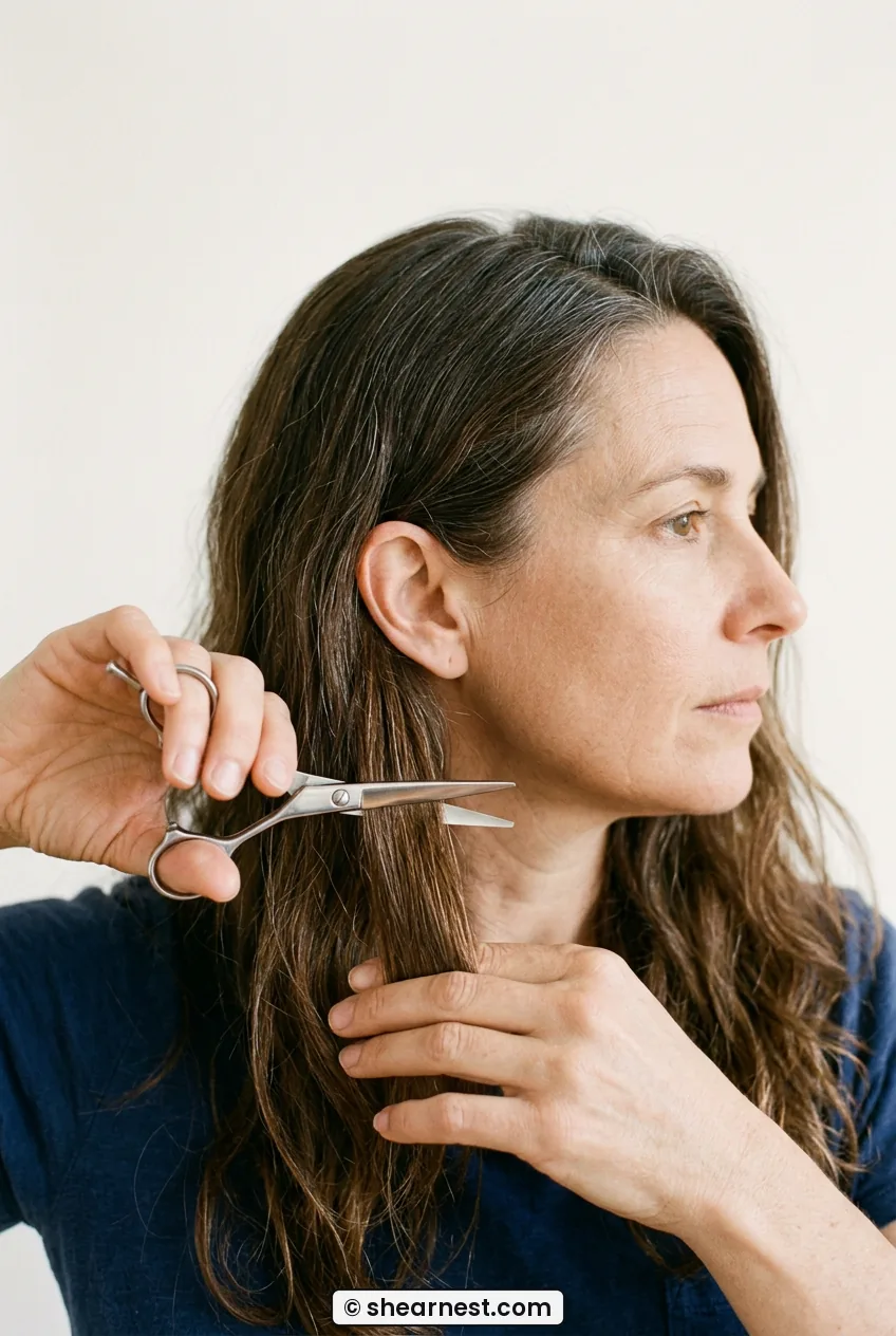 Close view of smooth scissors cutting horizontally across a held section of long brown hair at baseline length