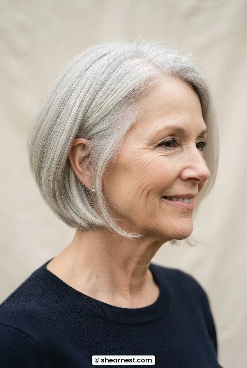 60-year-old woman with fine silver hair in a beveled jaw-length bob showing the perimeter swing in profile