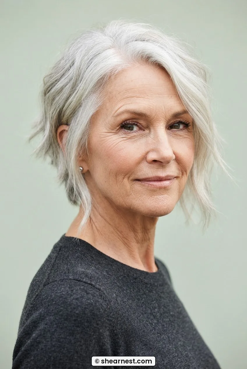 Older woman with a bixie cut in silver white hair, front pieces longer than the sides with point-cut textured disconnected ends