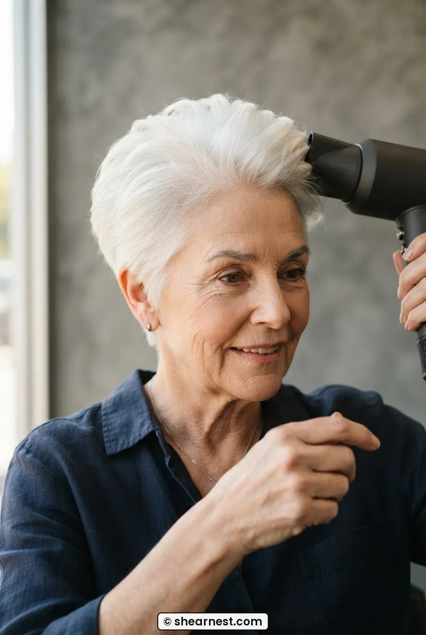Hand dryer directed forward against crown hair fall of 66-year-old woman to set lift in completed white pixie