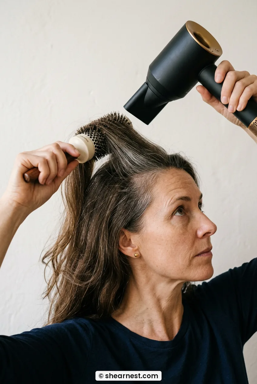 Woman blow-drying a crown section of long brown layered hair upward with a round brush and hairdryer