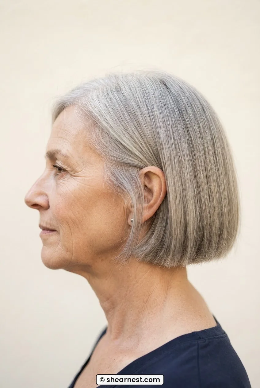 Side view of woman with very fine ash grey hair in a precise blunt one-length bob showing a crisp even perimeter line