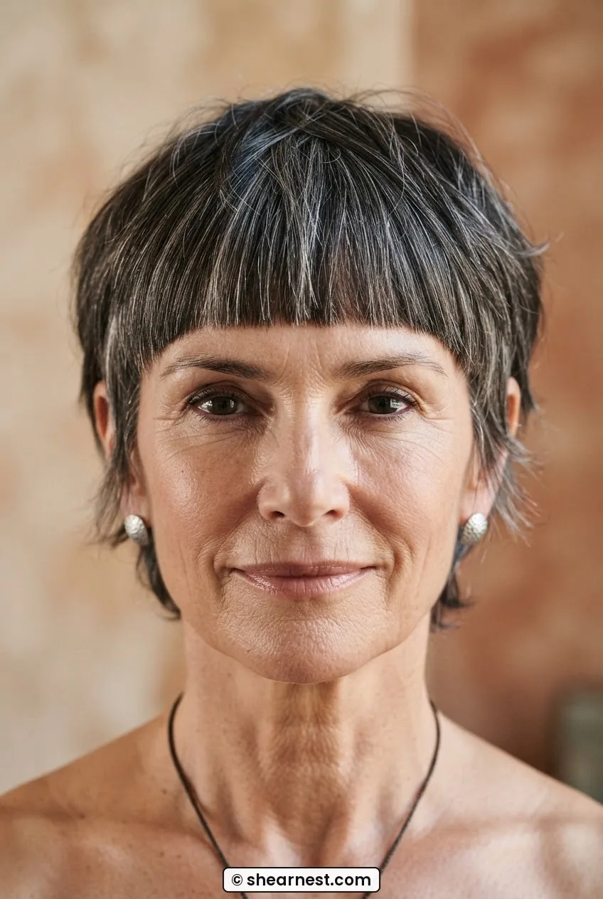Front-facing portrait of a woman over 50 with a blunt-fringe pixie shag and straight across fringe at the brow bone