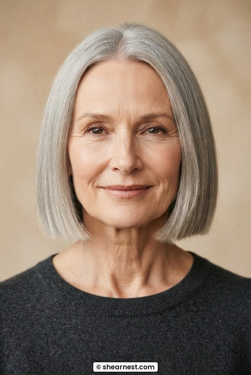 Woman with a long face wearing a jaw-length blunt lob in silver-grey hair with ends pushing outward creating a strong horizontal line