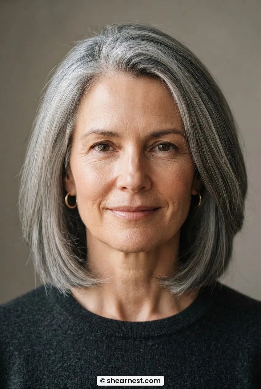 Woman with thick salt-and-pepper hair in blunt collarbone lob, bevelled underside tucking cleanly inward under warm side light