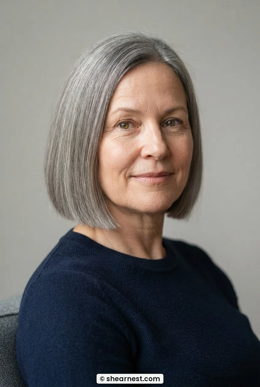 52-year-old woman with round face and blunt one-length greying cut showing clean horizontal perimeter below jaw