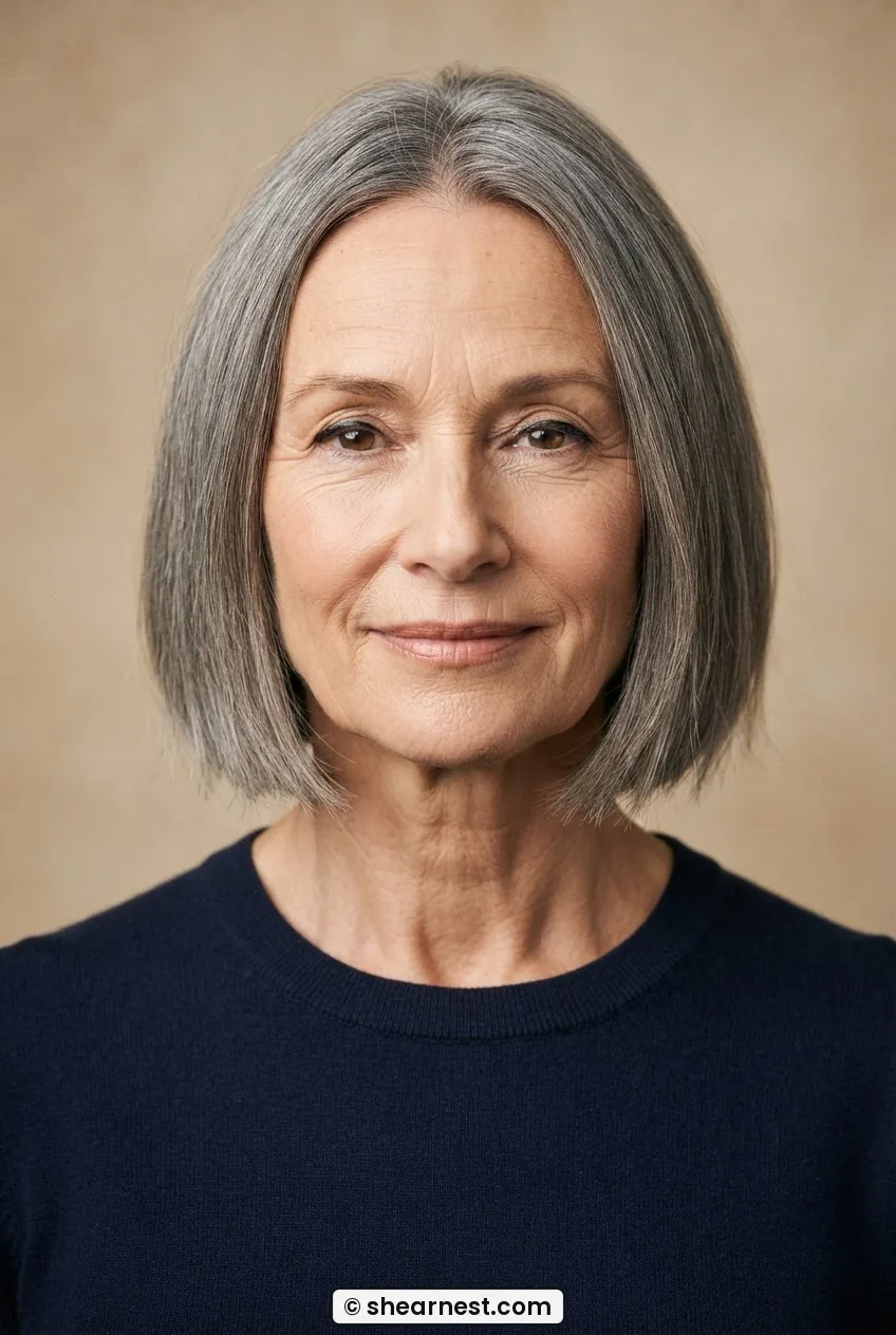 Woman with a long face wearing a blunt jaw-level one-length cut with point-cut soft ends on grey hair creating a horizontal weight line
