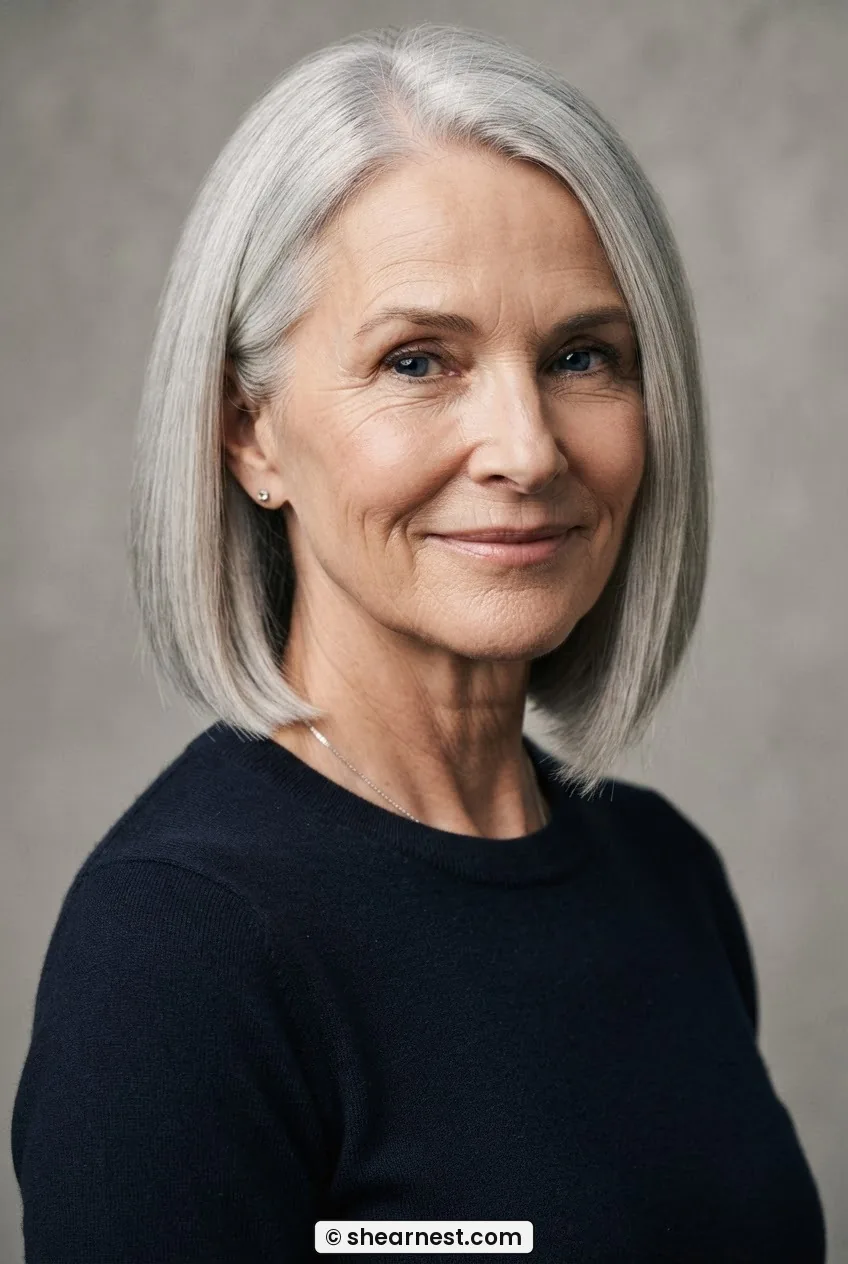 Three-quarter front view of a woman in her early sixties with a blunt silver lob angled longer at the front with a clean perimeter line