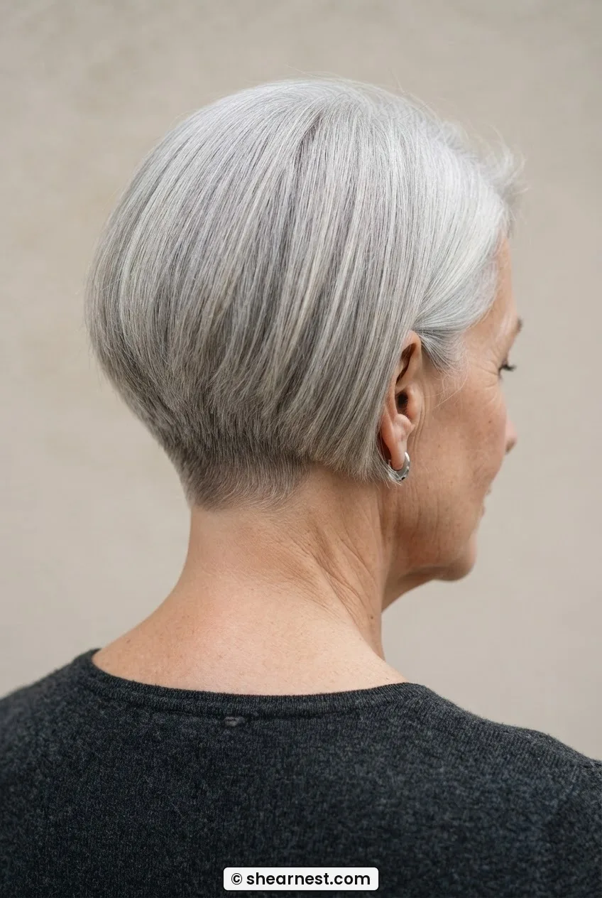 Silver-haired woman from behind showing nape stacking and blunt bob line with visible volume lift at the back