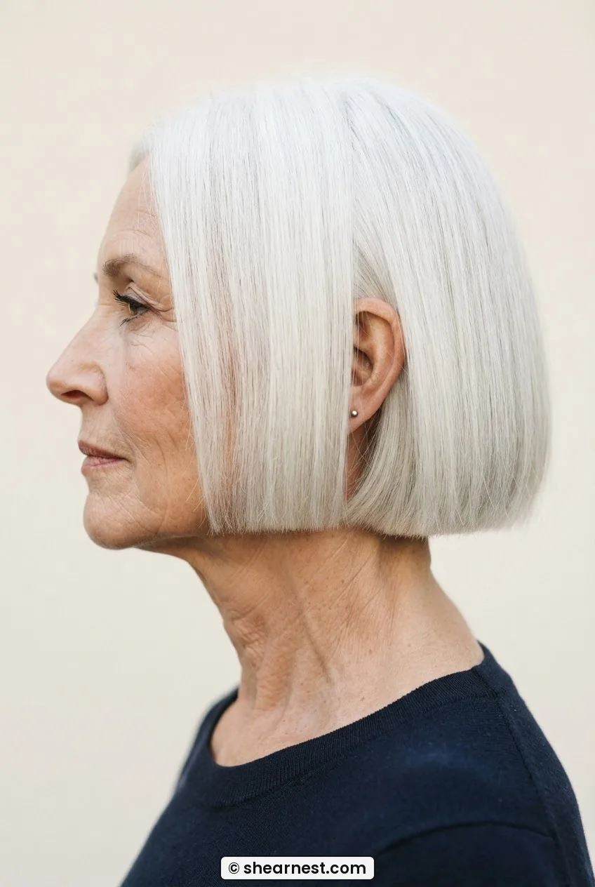 Older woman in side profile showing a sharp blunt white bob cut precisely at jaw level with a clean horizontal perimeter