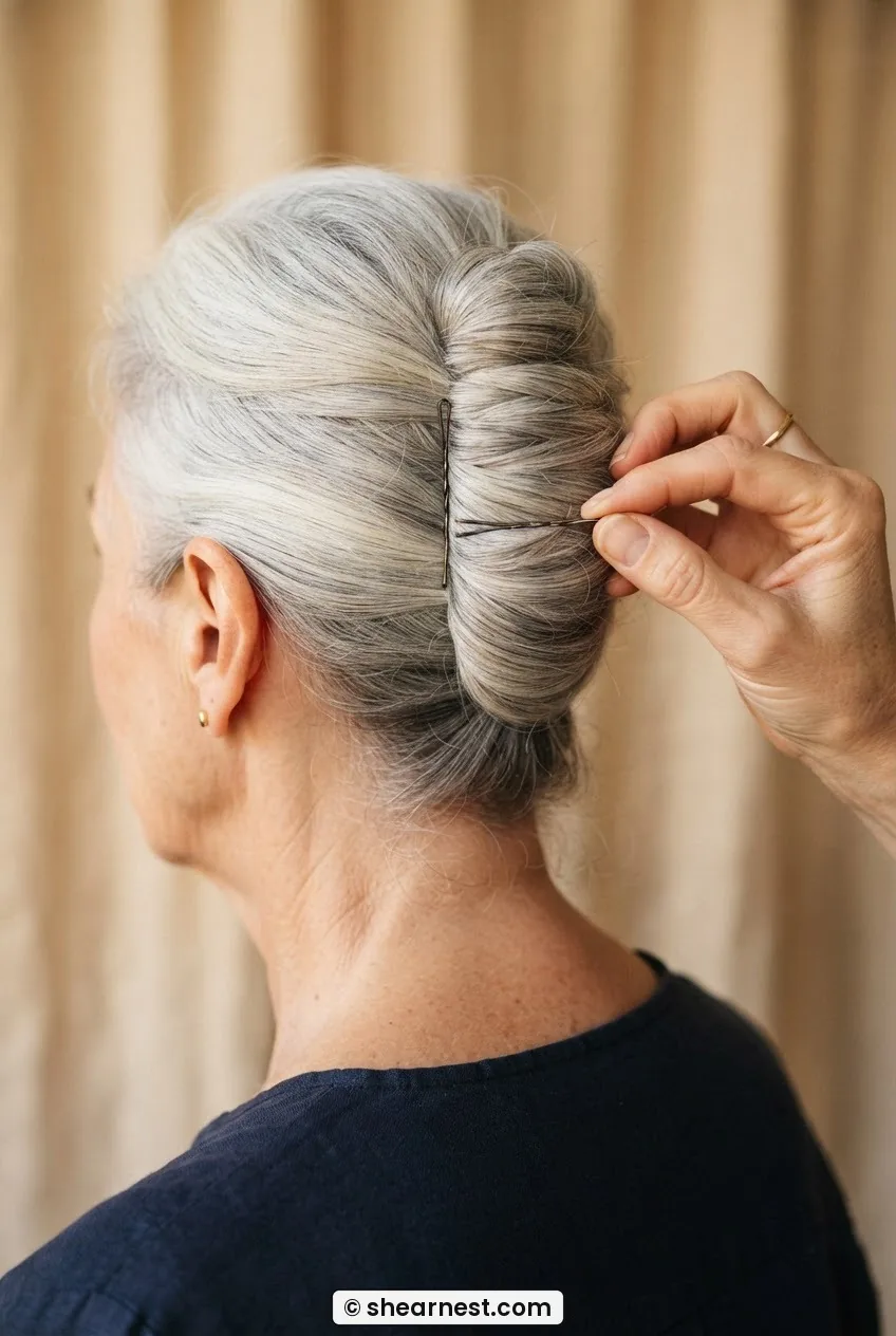 Close rear view of silver-haired woman with bobby pins being inserted horizontally along the spine of the French twist