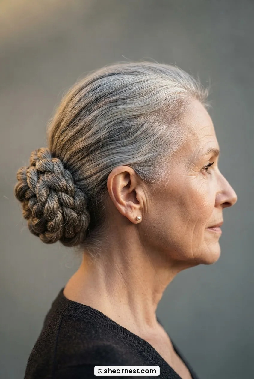 Side profile of older woman with silver hair in a braided rope-twist coiled into a low bun showing raised braid ridges