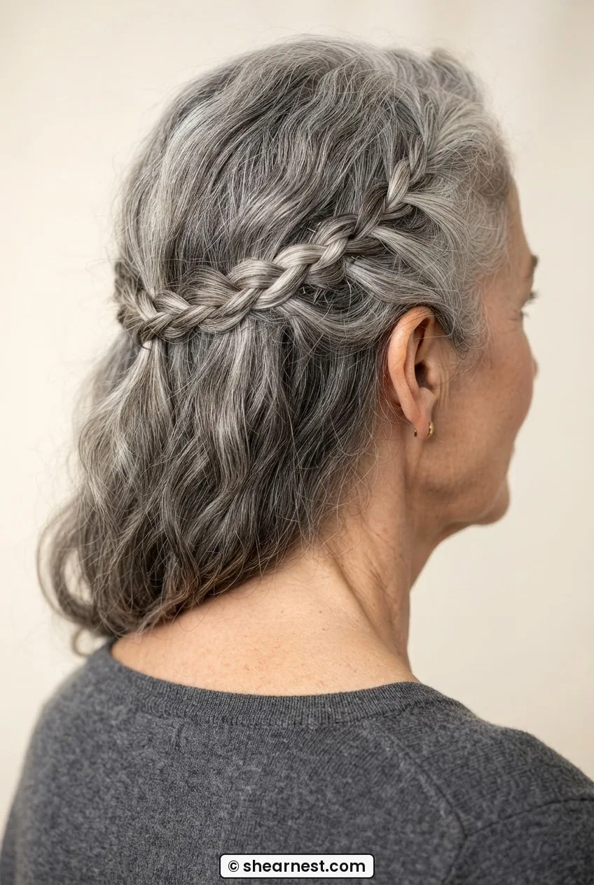 Rear three-quarter view showing a small braid pulled from temple to crown acting as a hinge for the half-up section on wavy silver hair