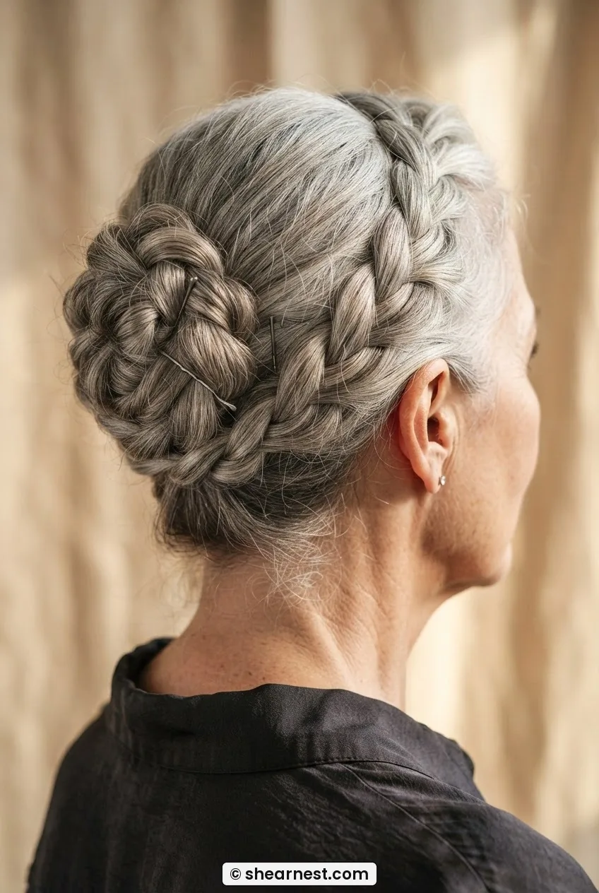 Side-rear view of silver-haired woman with braided wrap bun, three-strand braid circling the base under warm champagne light