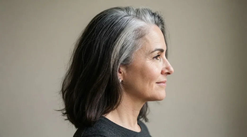Side view of a woman in her fifties with dark brunette lengths and strong silver root regrowth showing grey transition demarcation line