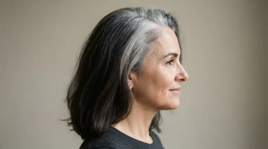 Side view of a woman in her fifties with dark brunette lengths and strong silver root regrowth showing grey transition demarcation line