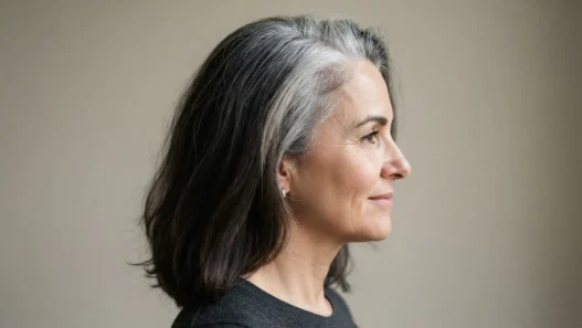 Side view of a woman in her fifties with dark brunette lengths and strong silver root regrowth showing grey transition demarcation line