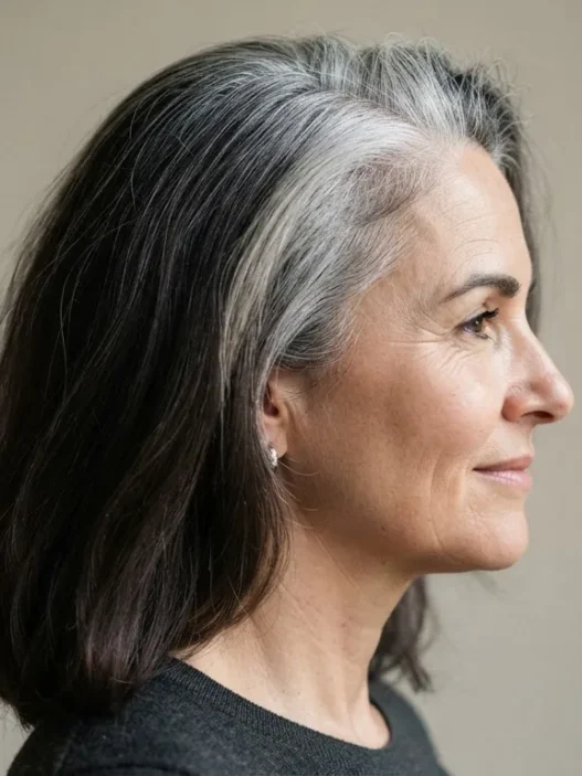 Side view of a woman in her fifties with dark brunette lengths and strong silver root regrowth showing grey transition demarcation line