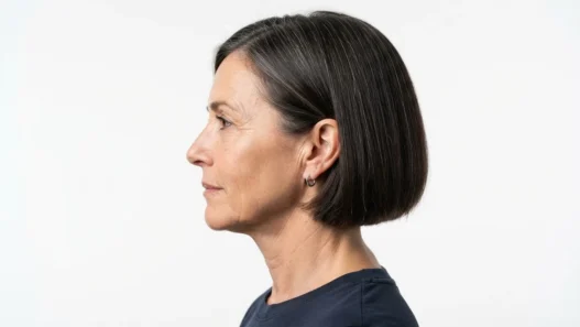 Side view of a 54-year-old woman with dark brunette blunt bob threaded with grey against a white backdrop