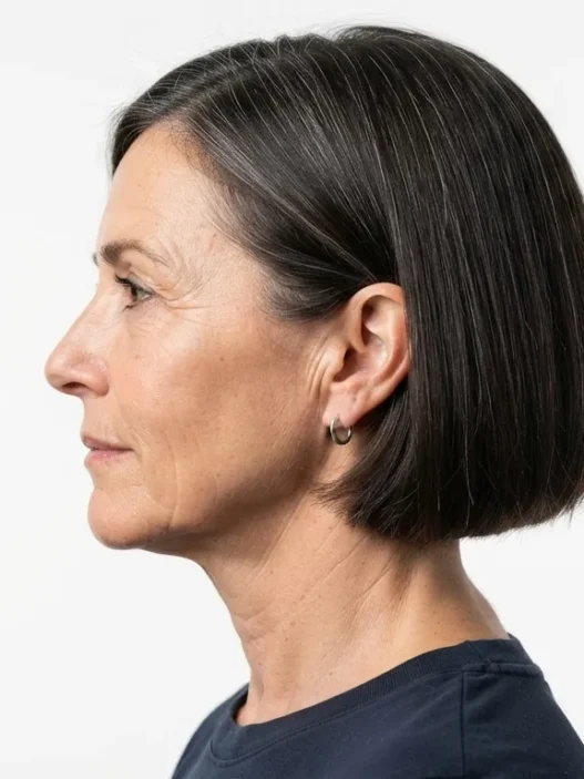 Side view of a 54-year-old woman with dark brunette blunt bob threaded with grey against a white backdrop