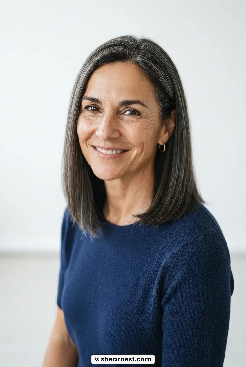 Slightly elevated view of a 54-year-old woman with a straight dark brunette lob hitting the collarbone