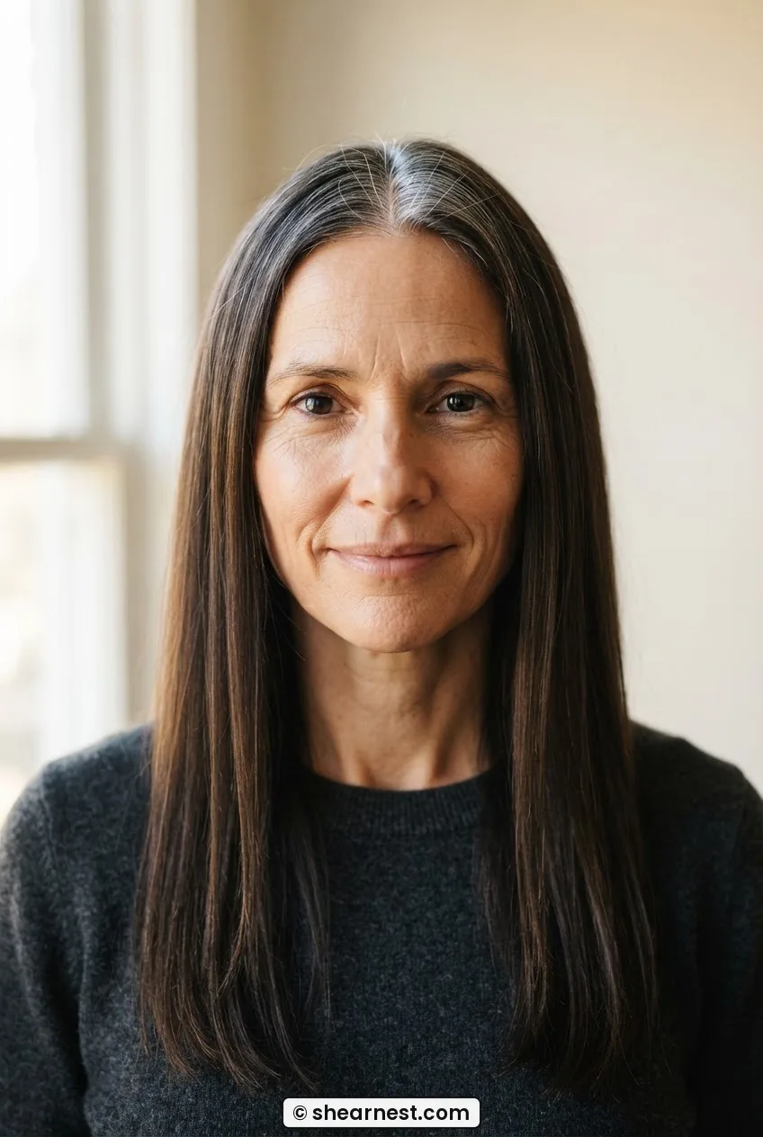 Front-facing portrait of a woman with long dark brown hair centre-parted showing new grey growth at the root, natural window light