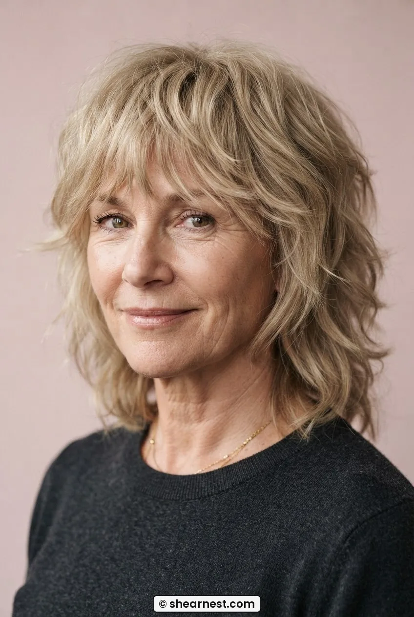 Woman with thick hair in champagne-blonde all-over colour cut in a heavily layered medium shag showing even tone and texture