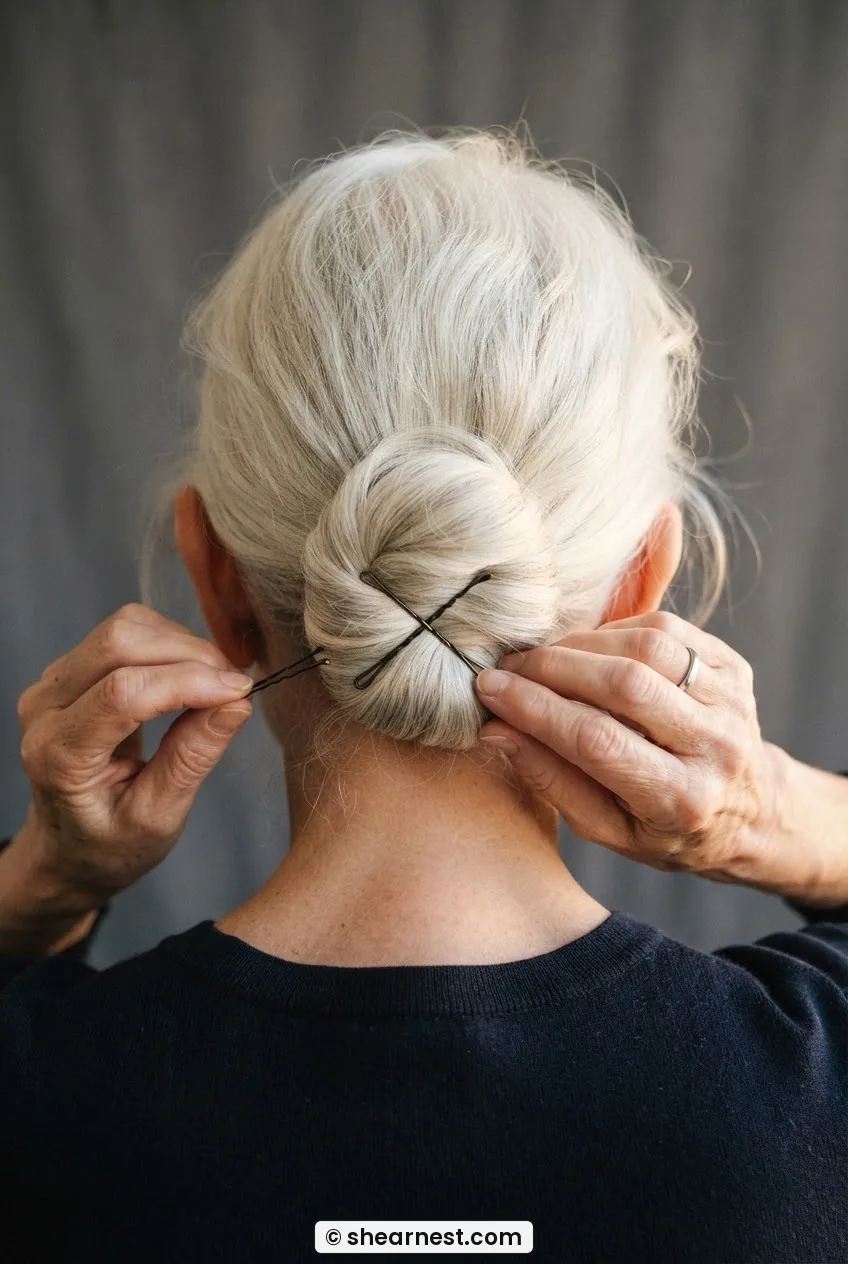 Direct rear view of white hair chignon mid-construction with crossed bobby pins anchoring the fold at the nape