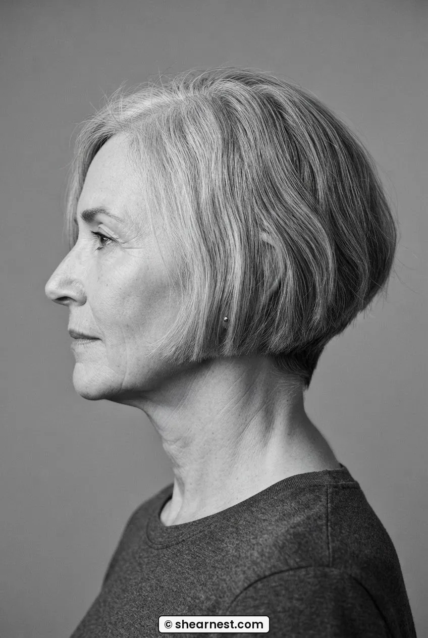 Side profile of a sixty-year-old woman with a classic chin-length grey bob showing the clean weight line sitting precisely at the jaw