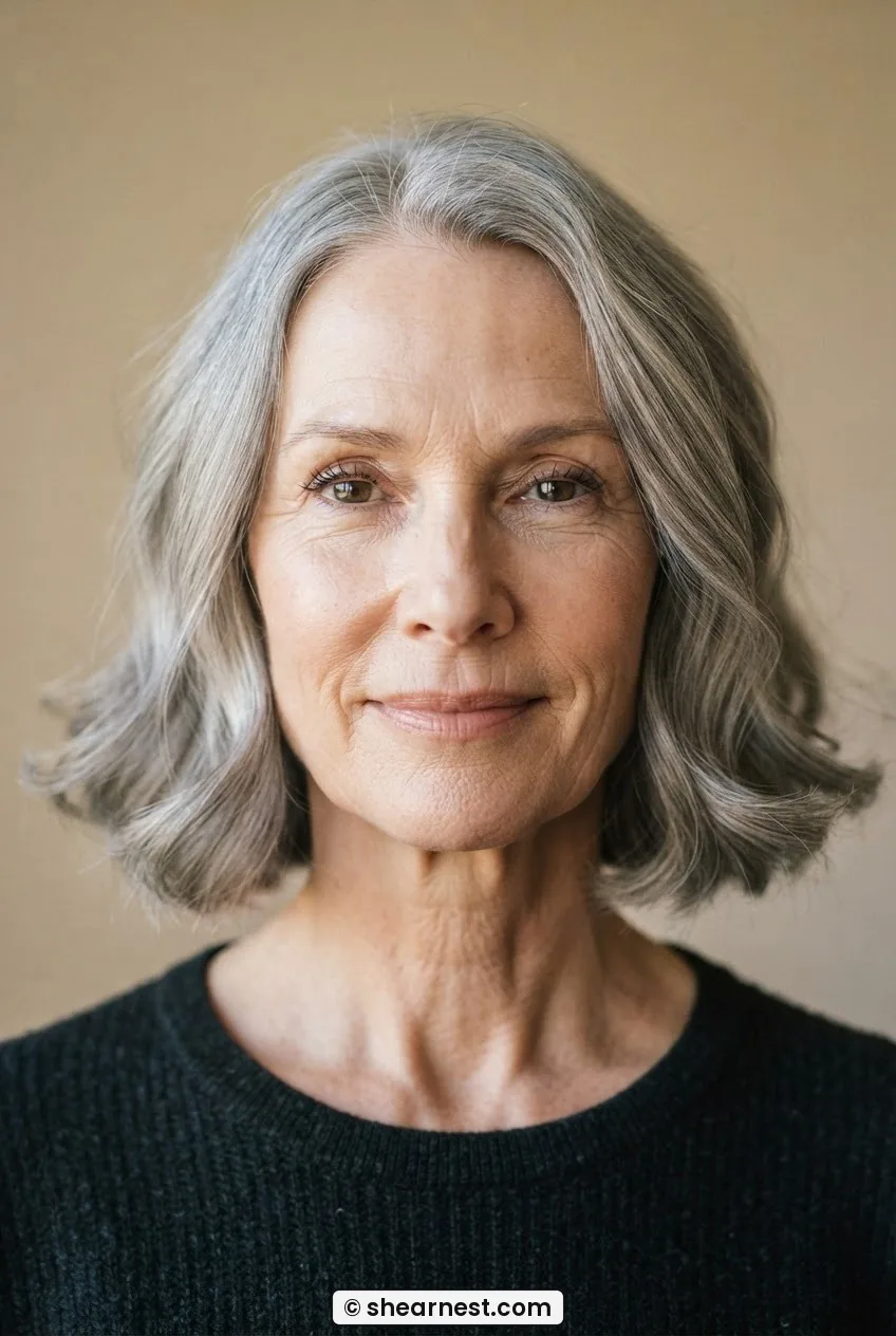 Woman with a long face in a chin-length one-length bob styled with a loose soft grey wave pushing ends outward at chin level