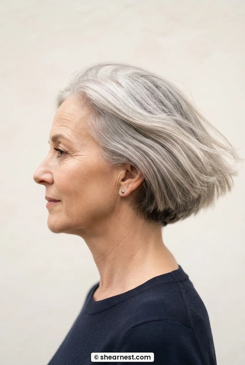 Side view of woman with fine ash grey chin-length bob swinging freely demonstrating lightness from an internal undercut at the nape