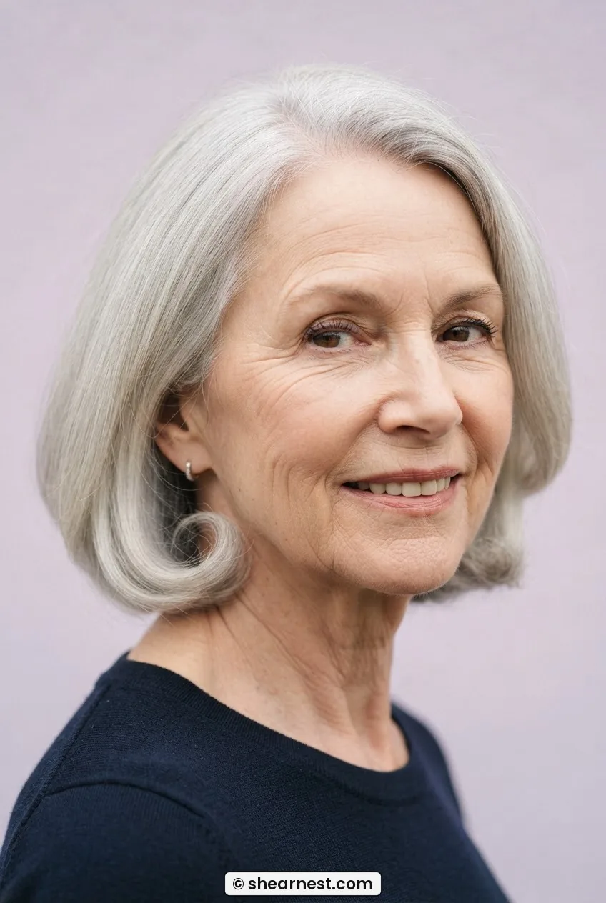Older woman with a chin-length silver bob, ends turned under naturally, subtle internal graduation, no flyaways, plain lilac backdrop