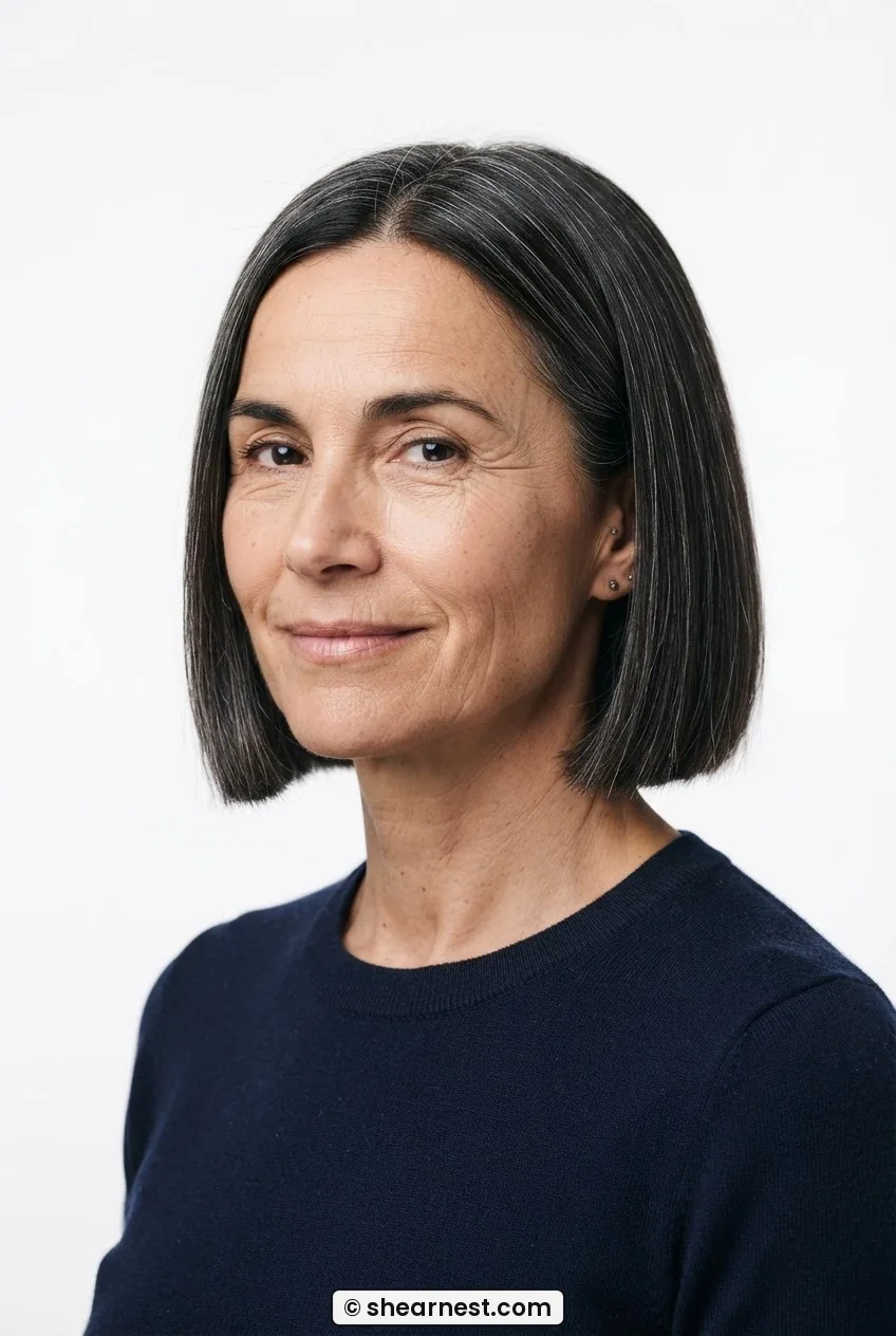 Three-quarter front view of a 54-year-old woman with a chin-length blunt brunette bob and silver threading