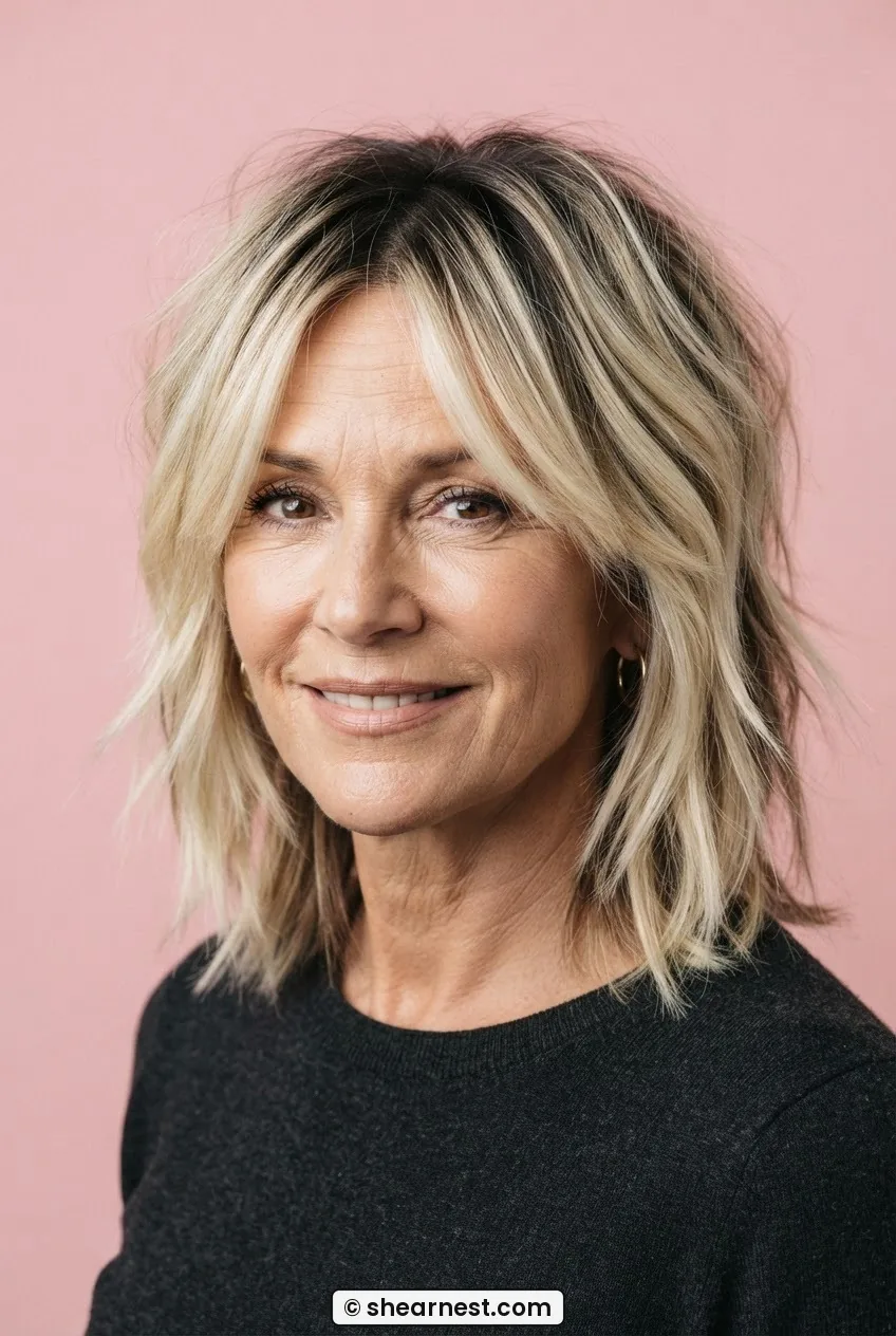 Woman with thick shag haircut featuring chunky balayage with dark roots and wide bright blonde sections through razored ends