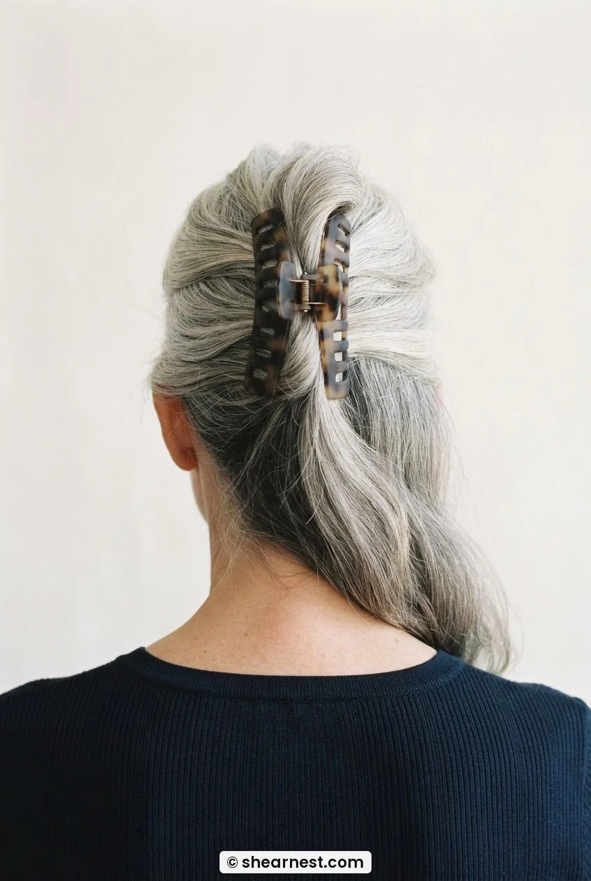 Rear view of silver mid-length hair clamped high at the crown with one large oversized claw clip on ivory backdrop