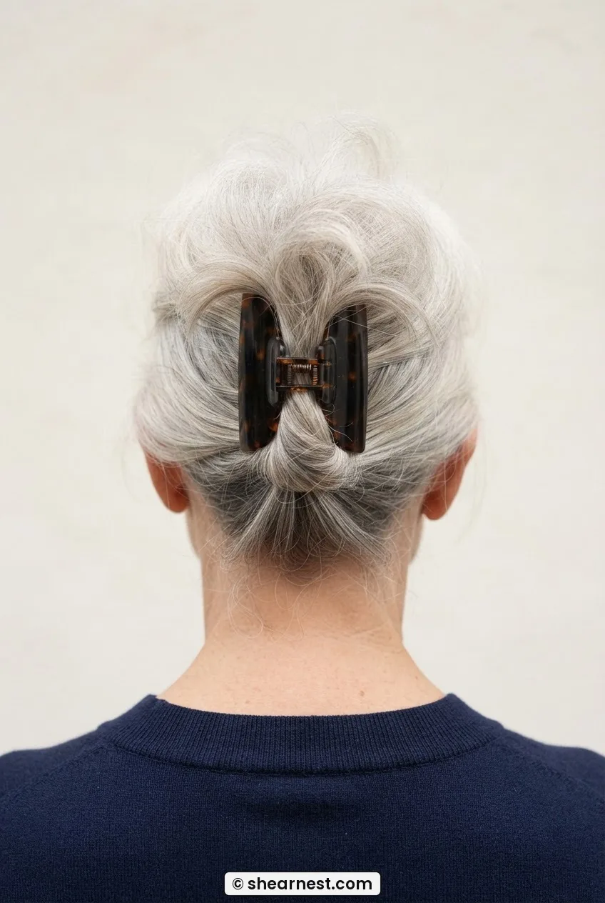 Rear view of fine silver hair gathered loosely in a wide jaw clip with a soft puff visible above the clip at the crown