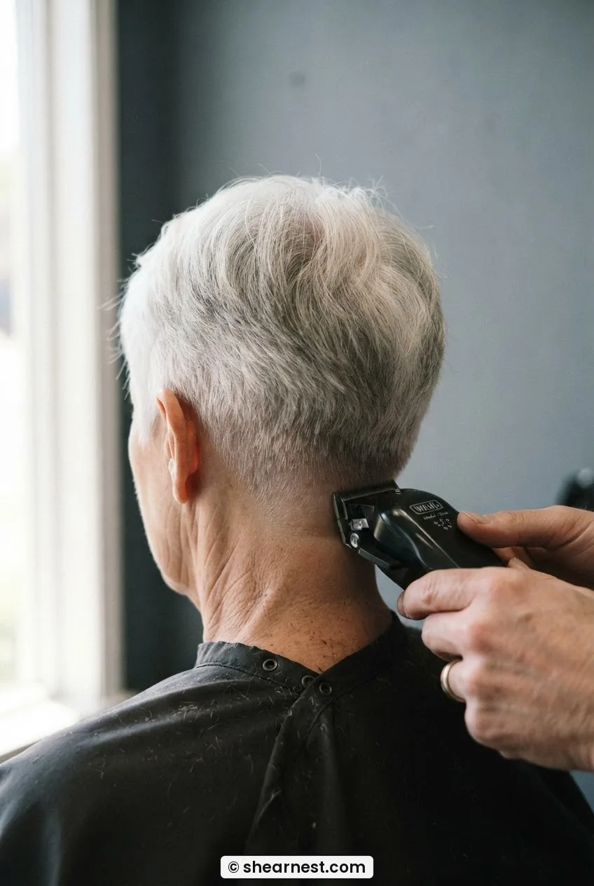 Cordless clipper making upward scooping stroke through nape of 66-year-old woman showing taper graduation on white hair