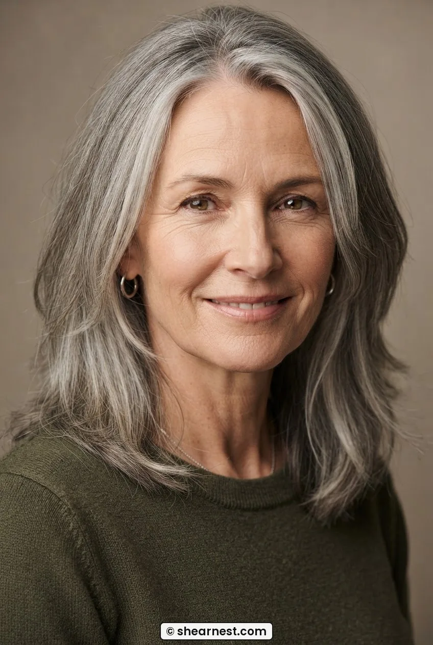 Front three-quarter view of woman with thick predominantly grey hair at collarbone length with lighter face-framing channel pieces