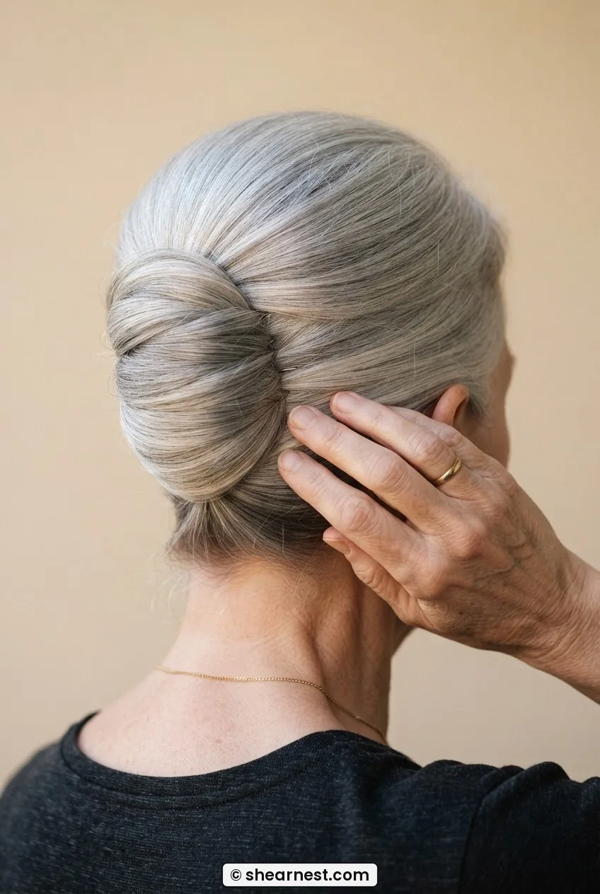 Rear three quarter view of completed French twist updo on silver-haired woman over 60, palm pressing the roll to set