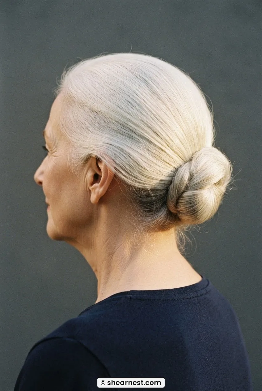 Profile view of 67-year-old woman with completed low white hair chignon sitting neatly at the nape, warm side light