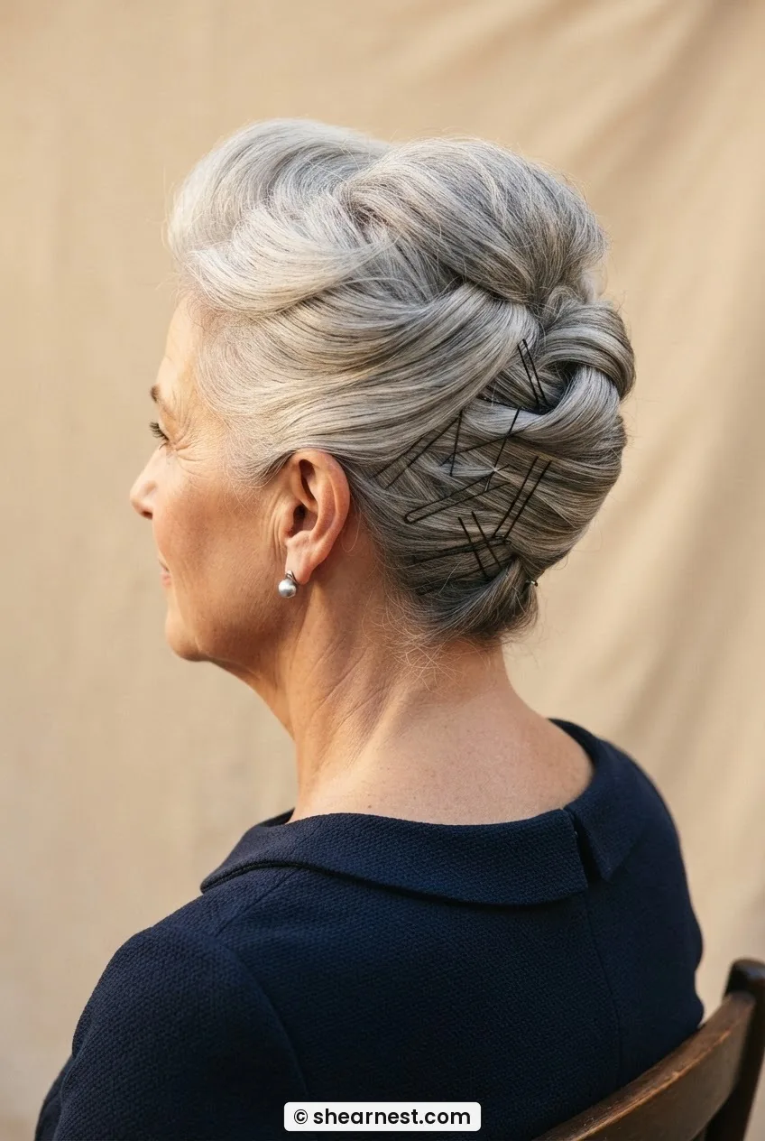 Rear three-quarter view of 61-year-old woman with completed soft pinned silver hair style against champagne backdrop