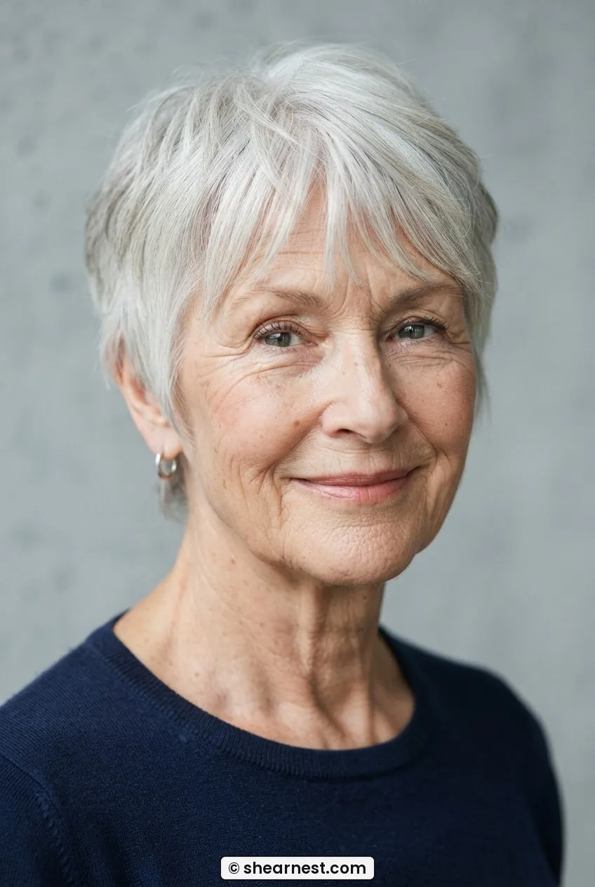 Front-angled view of a sixty-seven-year-old woman with a cropped grey shag featuring razored texture and a soft point-cut curtain fringe