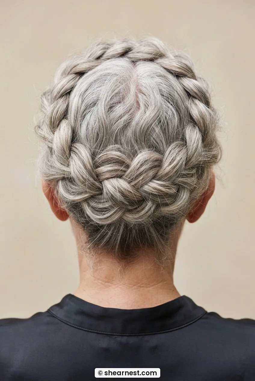 Top rear view of woman with silver wavy hair in a gently pulled-apart soft crown braid